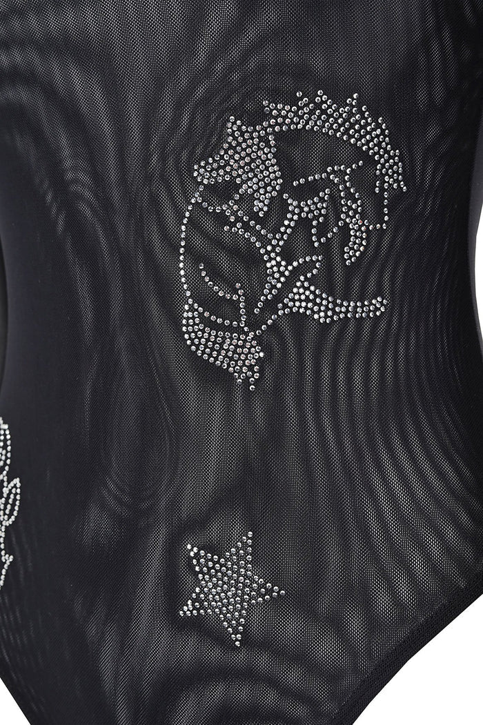 Black sheer bodysuit with rhinestone embellishments forming pattern detail patterns and star shapes