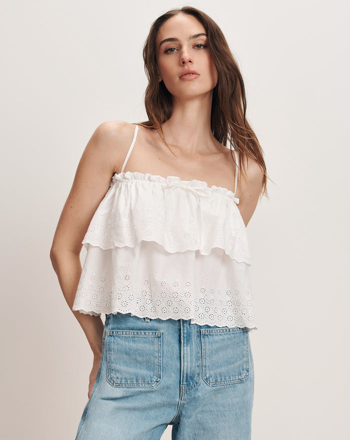 Veronica Beard White tiered eyelet camisole with thin straps and ruffled trim.