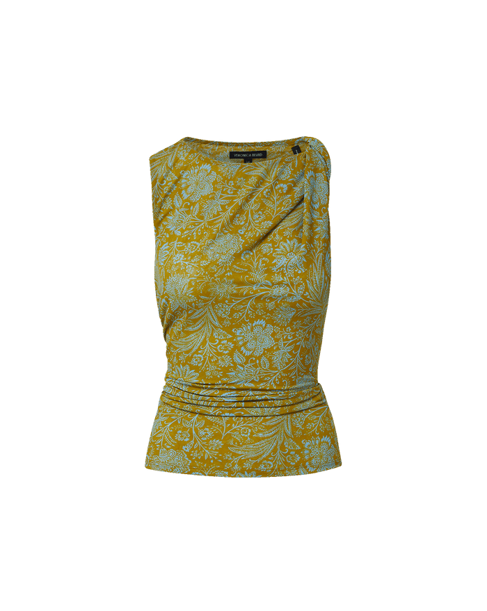 Veronica Beard Mustard yellow sleeveless top with light blue floral pattern and draped neckline.