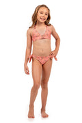 Coral pink bikini set with pattern detail print and handmade flower details on adjustable straps