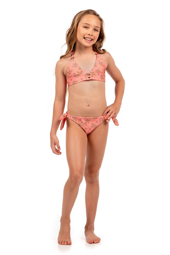 Coral pink bikini set with pattern detail print and handmade flower details on adjustable straps