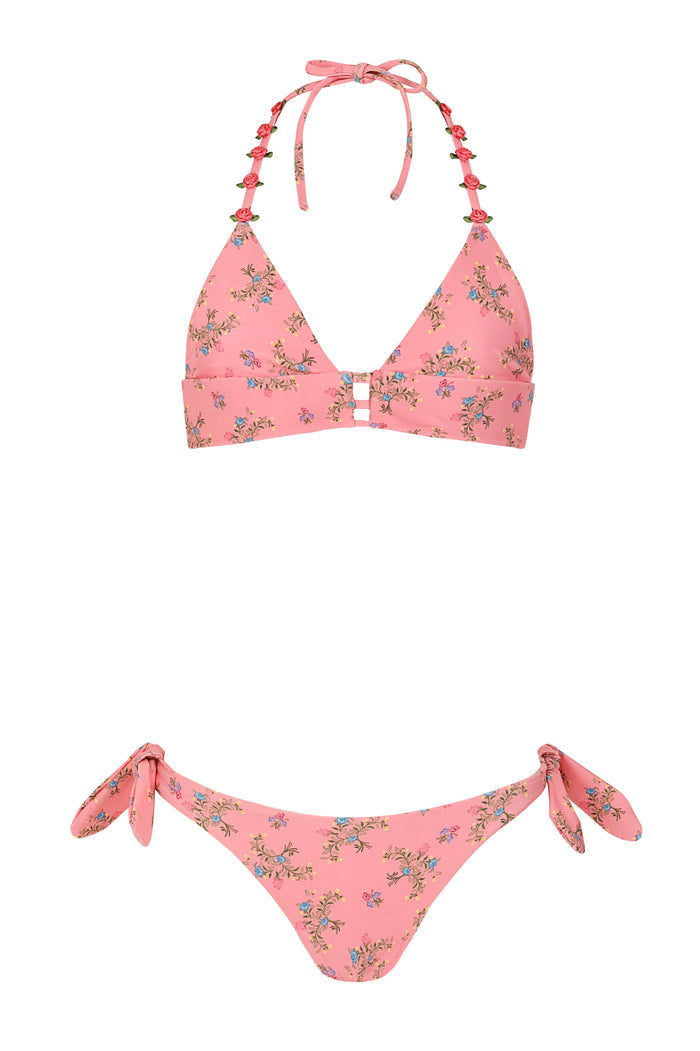 Pink triangle bikini top and tie-side bottom with scattered pattern detail print and handmade flower trim on straps