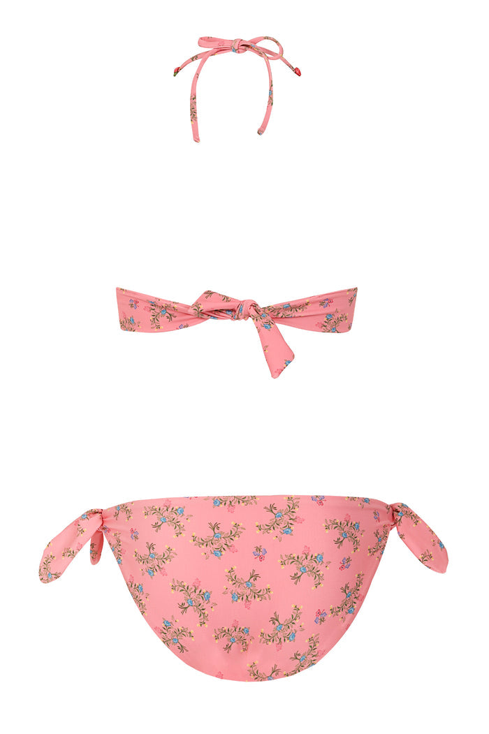 Pink bikini set with small pattern detail print, halter top with bow ties and side-tie bottoms