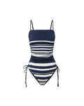 Veronica Beard Navy and white striped one-piece swimsuit with thin straps and side ties.