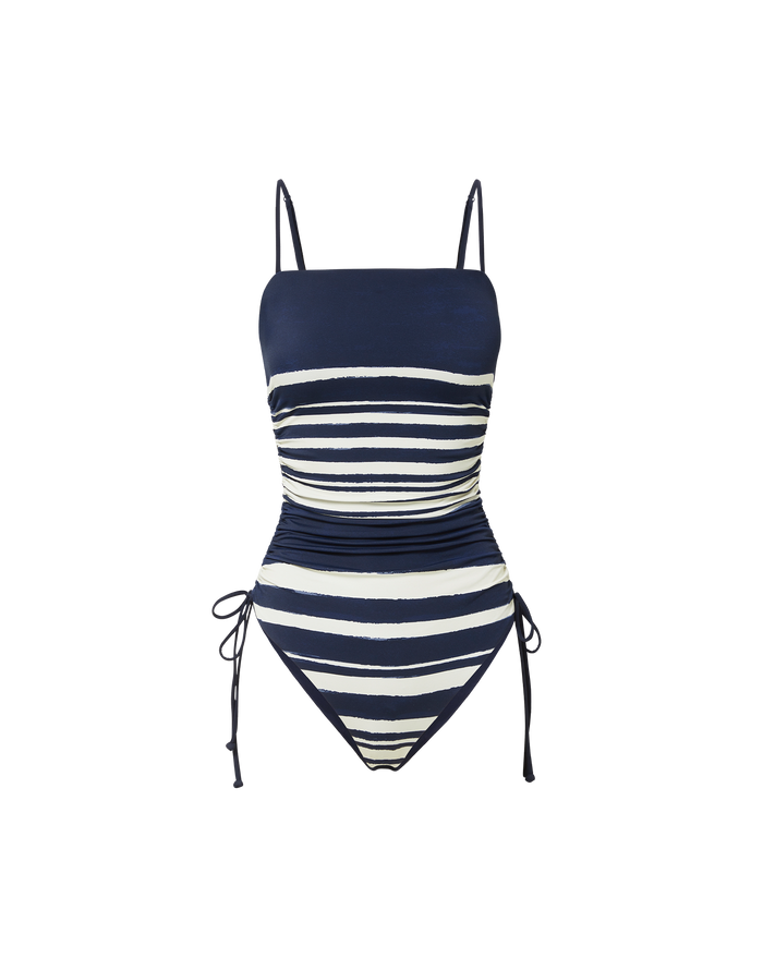 Veronica Beard Navy and white striped one-piece swimsuit with thin straps and side ties.