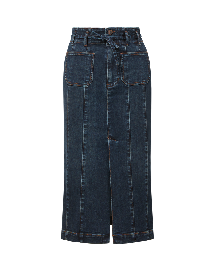 Veronica Beard Blue denim midi skirt with front slit.