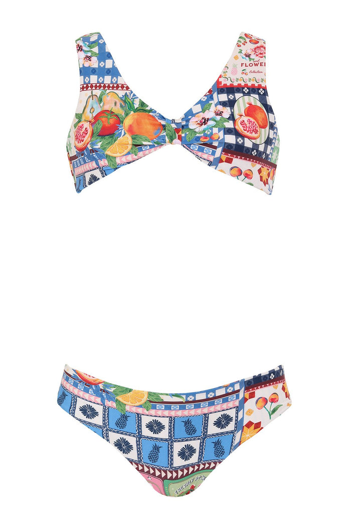 Paz Kids Bikini with blue and white checkerboard print with pineapples, colorful fruit illustrations and geometric borders, top and bottom shown