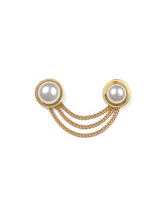 Veronica Beard Gold-tone double pearl brooch with triple draped chains.