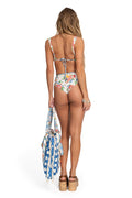 High-waist bikini bottom with white base and vibrant placement print featuring florals, tropical fruits, and graphic details in coral, green, and blu…