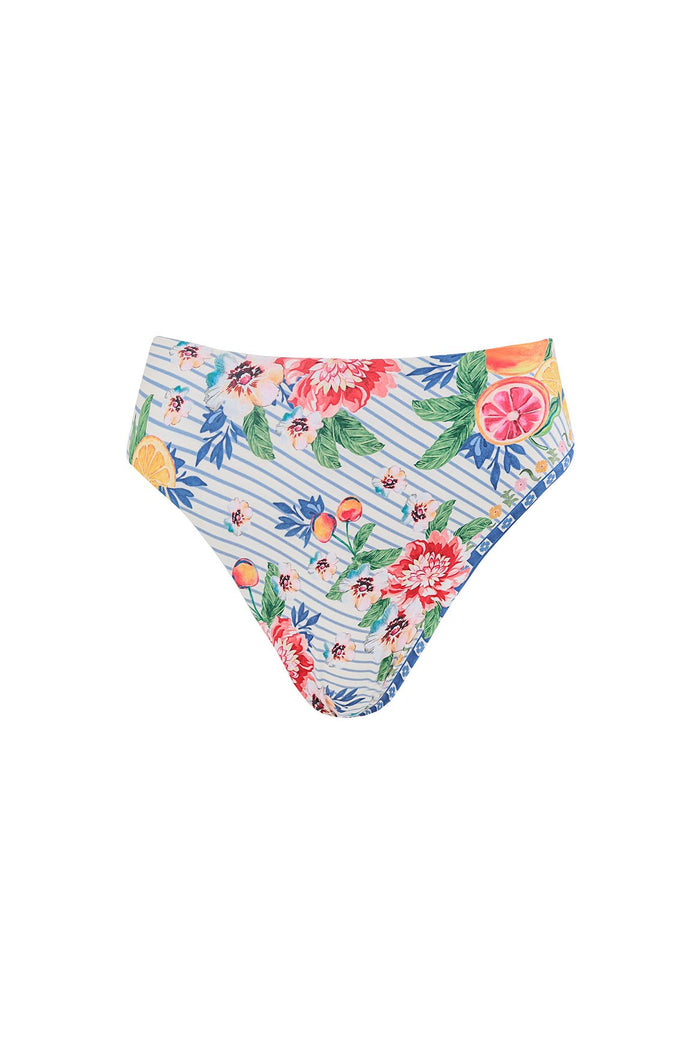 High-waisted bikini bottom with blue diagonal stripes and colorful print featuring pink peonies, green leaves, citrus slices, and seashells