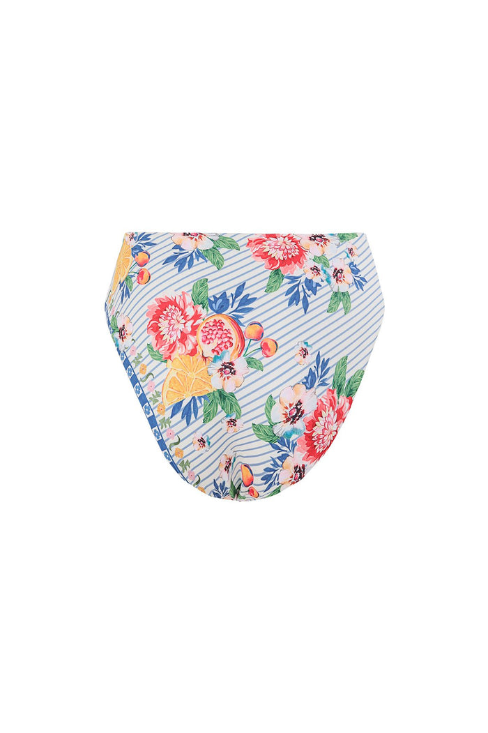 High-waist bikini bottom with blue diagonal stripes and vibrant floral print featuring coral peonies, citrus slices, green leaves, and berries