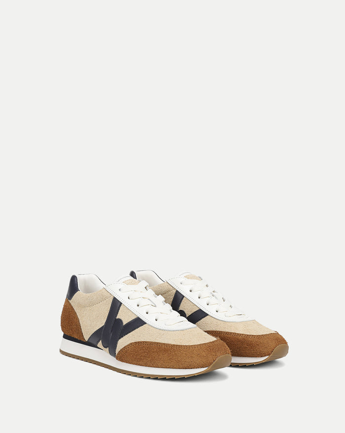 Veronica Beard Beige and brown suede sneakers with navy accents.