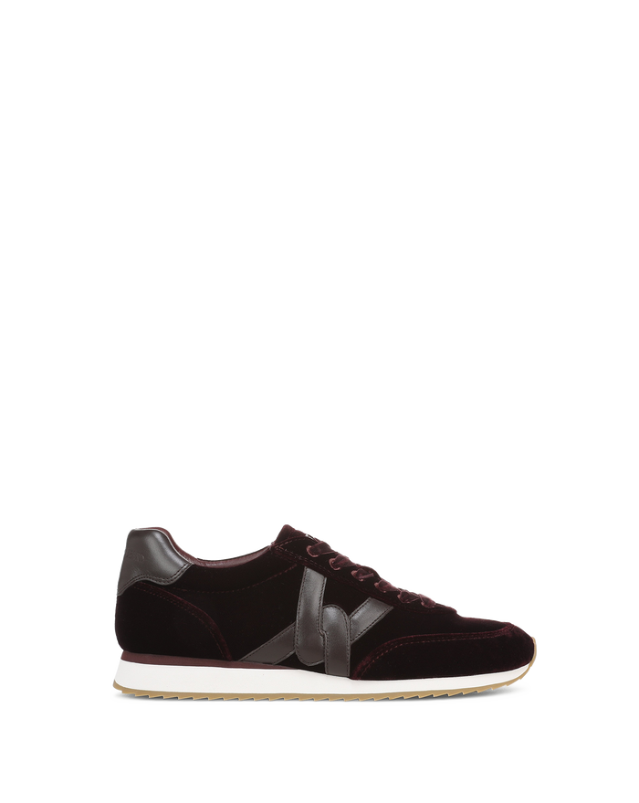 Veronica Beard Burgundy velvet and leather sneakers with white soles.