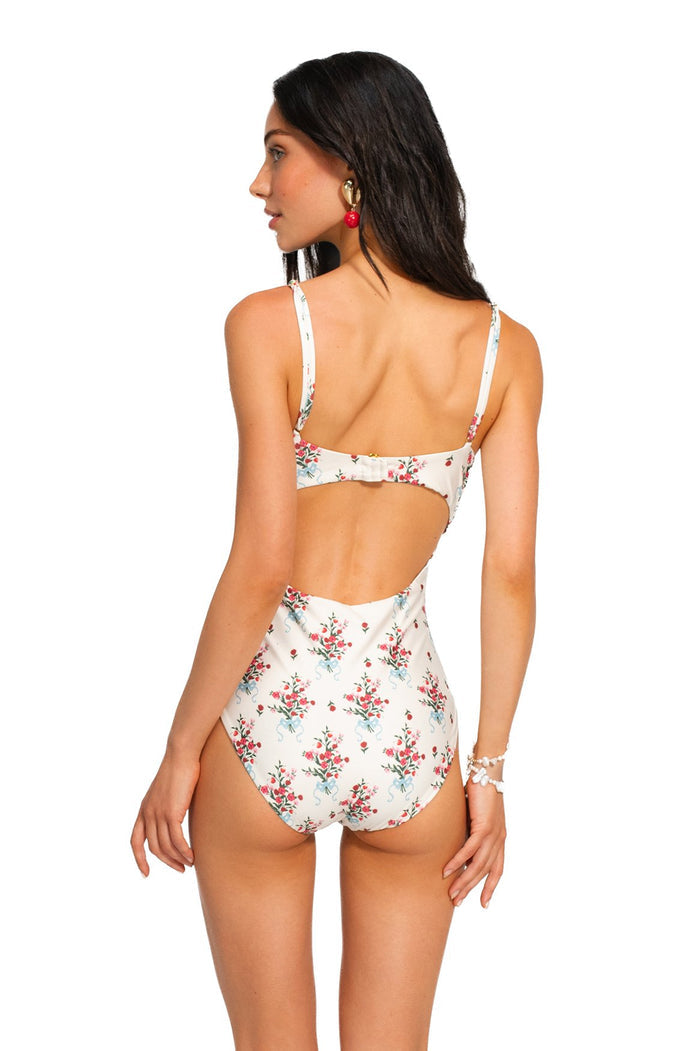 Petra one-piece swimsuit in ivory with scattered pattern detail print, back view showing underwired construction and open back cutout