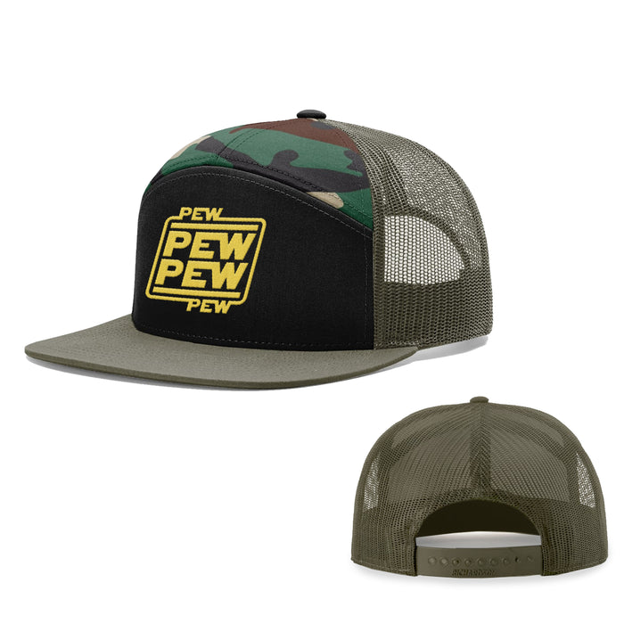 Seven-Panel Trucker Flatbill / Black and Camo and Loden / One Size