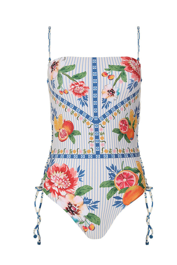 One piece swimsuit with blue and white striped background, featuring pattern detail print with coral peonies, citrus fruits, and green leaves, square…