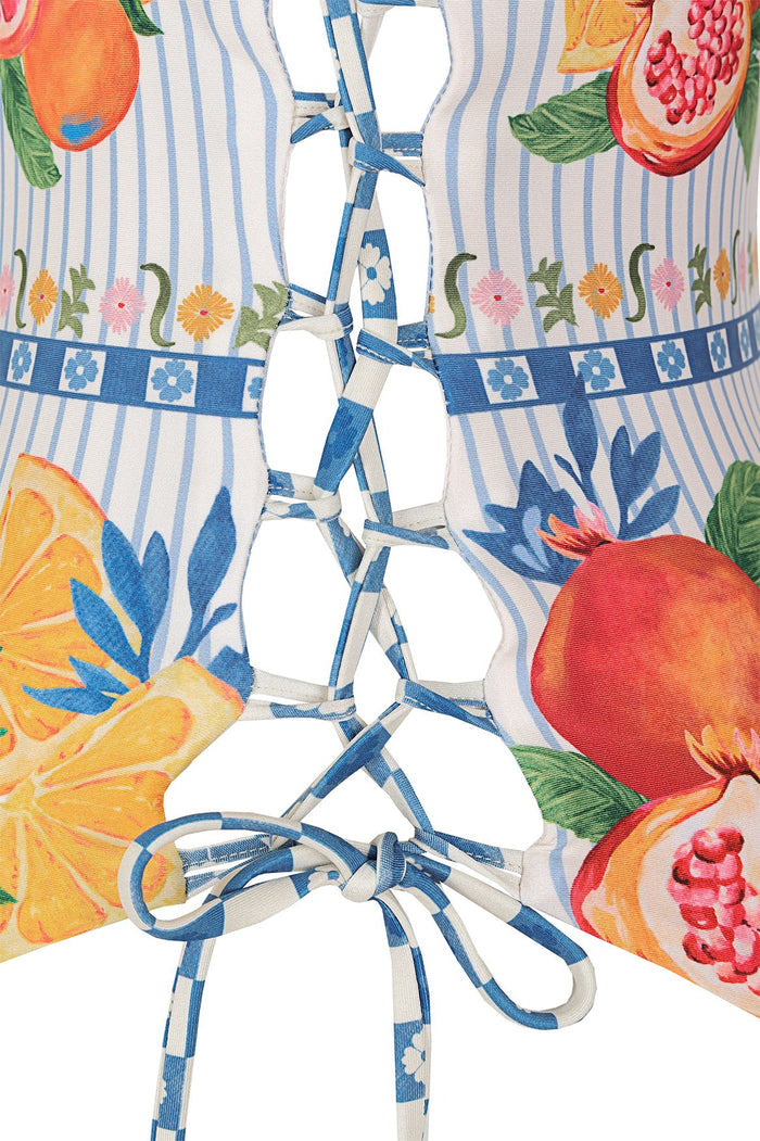 One piece swimsuit with blue and white vertical stripes, tropical fruit print, pattern detail border trim, and lace-up side ties with handmade ends