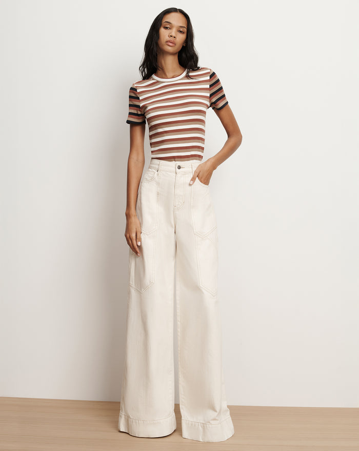 Veronica Beard Pruitt Striped Ribbed T-Shirt - Malt/Red Oak/Dove White