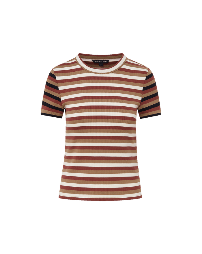 Veronica Beard Pruitt Striped Ribbed T-Shirt - Malt/Red Oak/Dove White