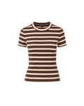 Veronica Beard Brown and pink striped knit t-shirt with light wash wide-leg jeans.