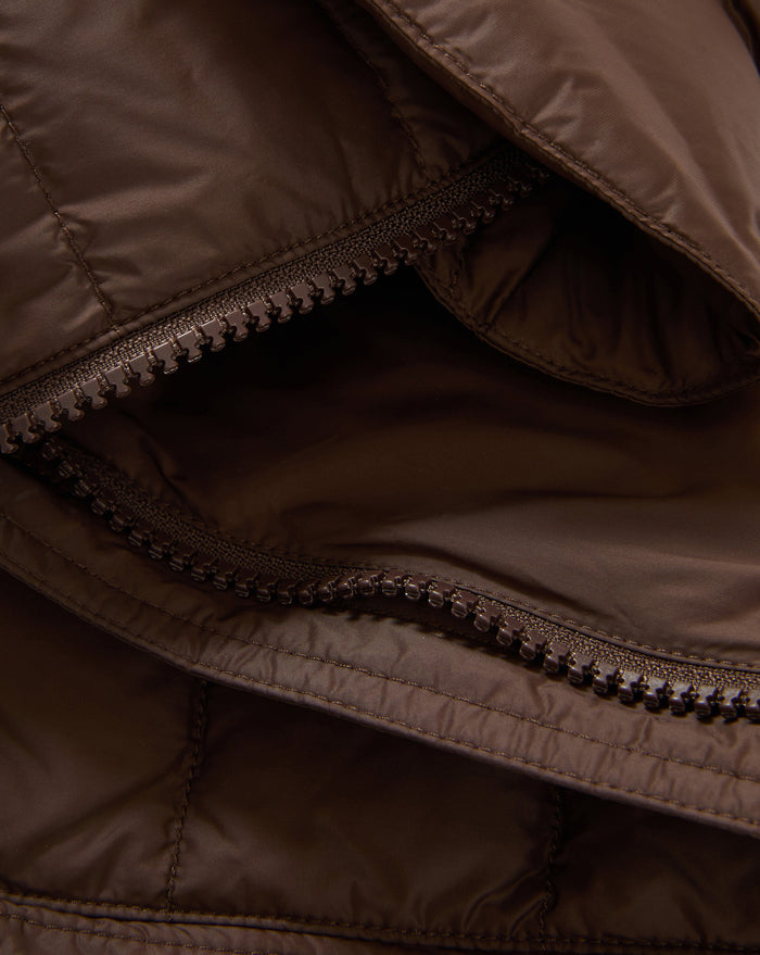 Veronica Beard Brown quilted jacket with zipper detail.