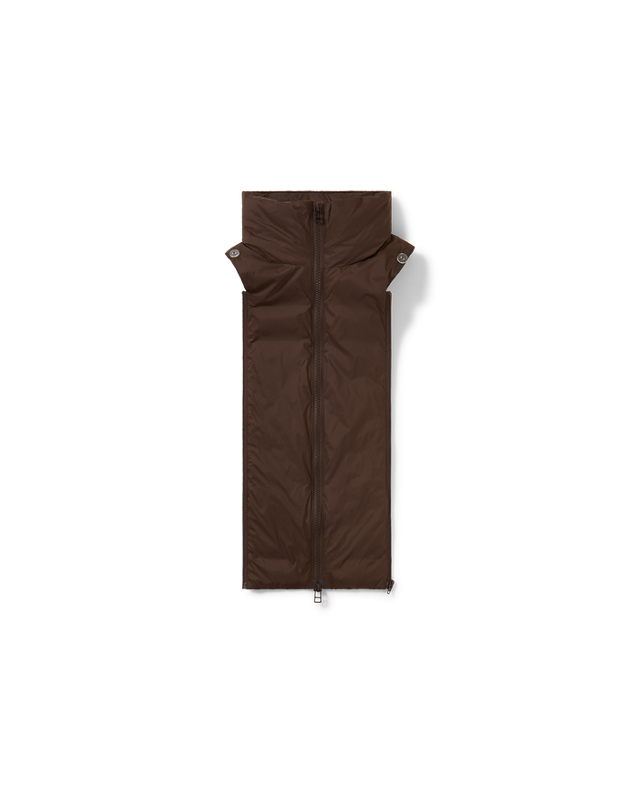 Veronica Beard Brown puffer vest with high collar and full zipper.