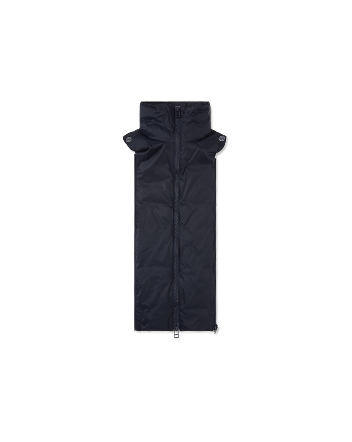 Veronica Beard Navy quilted nylon scarf with high collar and zipper.