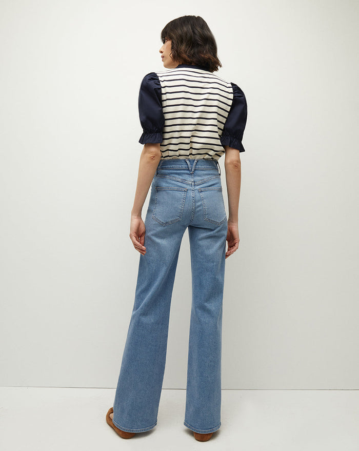 Veronica Beard Raegan Puff-Sleeve Top - Marine/Off-White