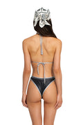 Rafaela bikini bottom in black with silver-tone stud and rhinestone embellishments at waistband, back view