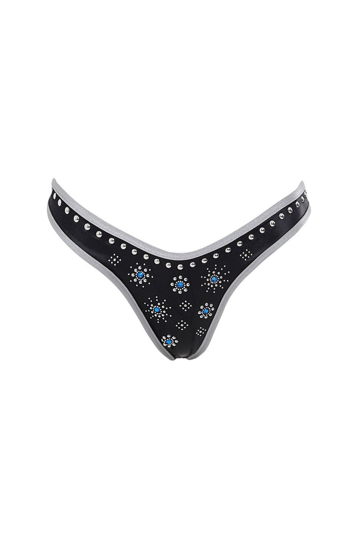 Black bikini bottom with silver trim, embellished with rhinestones and silver studs in scattered pattern detail patterns
