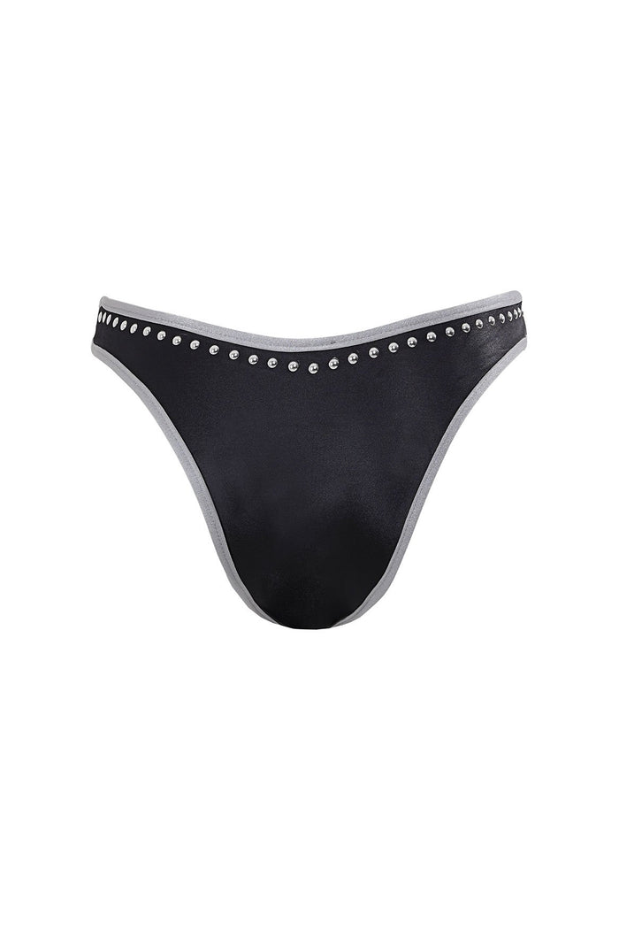 Black bikini bottom with gray contrast trim and silver stud embellishments along waistband