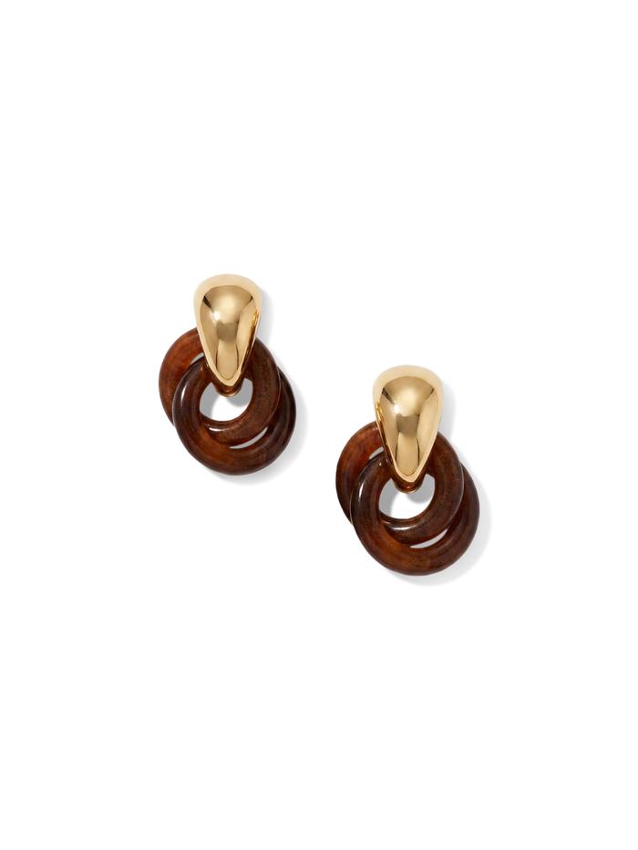 Veronica Beard Gold and dark brown wood interlocking hoop earrings.