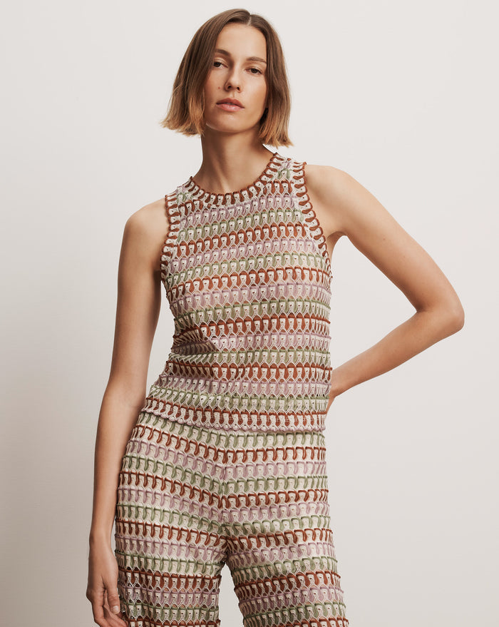 Veronica Beard Rhett Crochet Tank Top - Deep Ochre Dove Multi