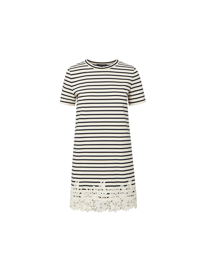Veronica Beard Rhue Striped Lace-Hem Mini Dress Dove White/Navy Stripe
