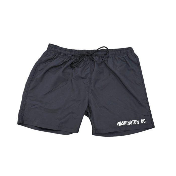 Black shorts with 'Washington DC' design on a white background