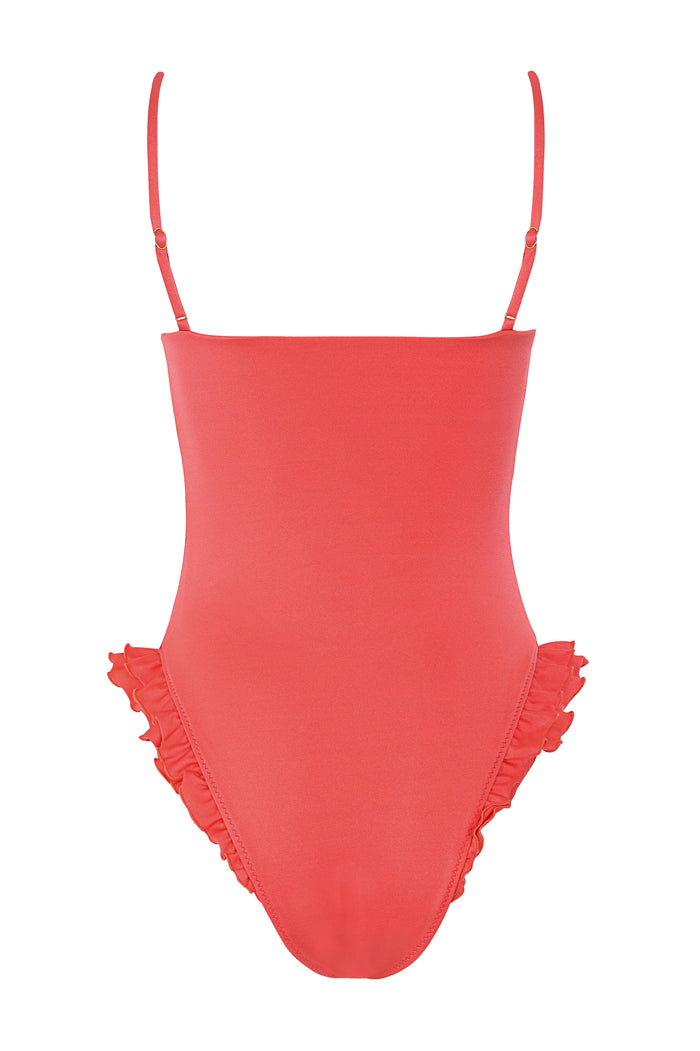 Coral one piece swimsuit with adjustable straps and ruffle details along the leg openings