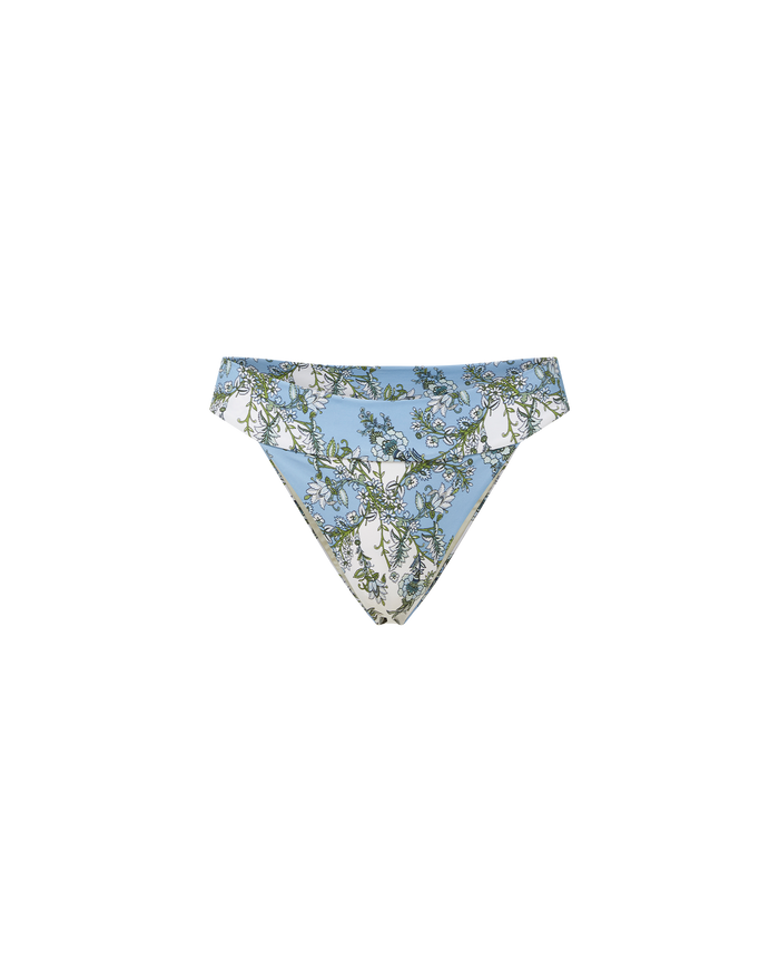Veronica Beard Light blue high-waisted bikini bottom with a white floral and vine pattern.