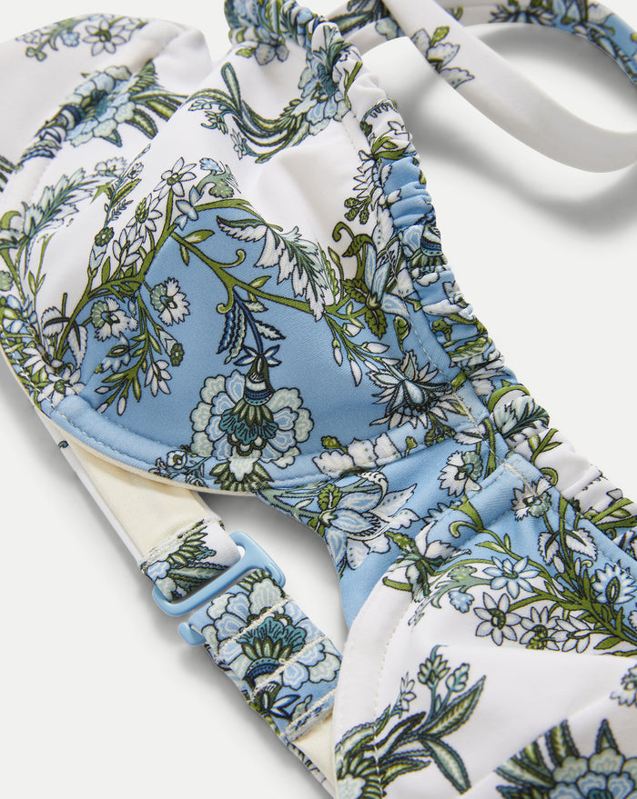 Veronica Beard White and blue floral print bikini top with adjustable straps.