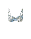 Veronica Beard White and blue floral print bikini top with ruched cups and adjustable straps.