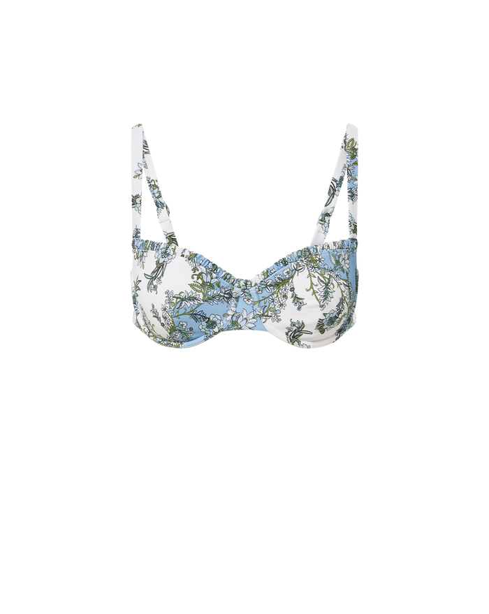 Veronica Beard White and blue floral print bikini top with ruched cups and adjustable straps.