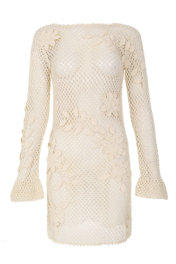 Cream handmade crochet mini dress with open mesh pattern, 3D floral appliqués, and long bell sleeves
