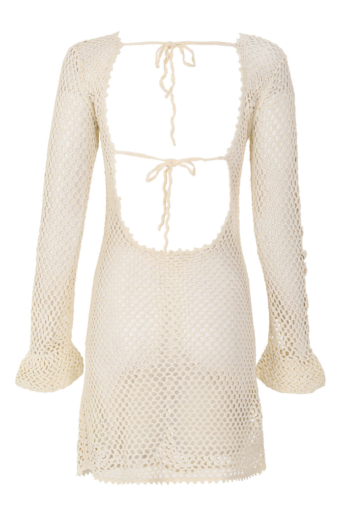 Rosetta mini dress in ivory handmade crochet with open-knit honeycomb texture, long bell sleeves, and adjustable tie-back straps