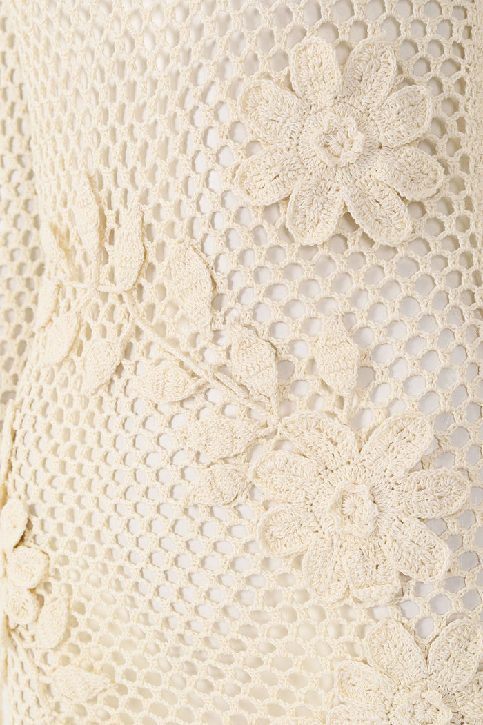 Cream handmade crochet dress with mesh background and three-dimensional flower appliqués