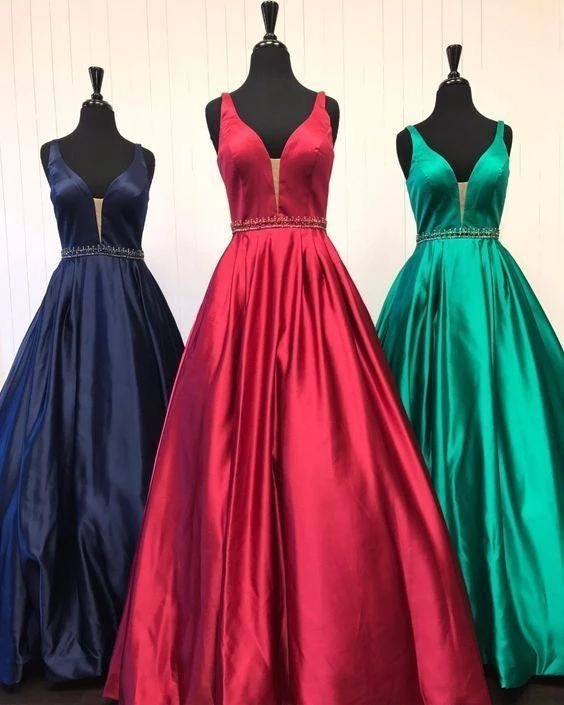 Royal Blue V Neck Long Prom Dresses Waist with Beaded