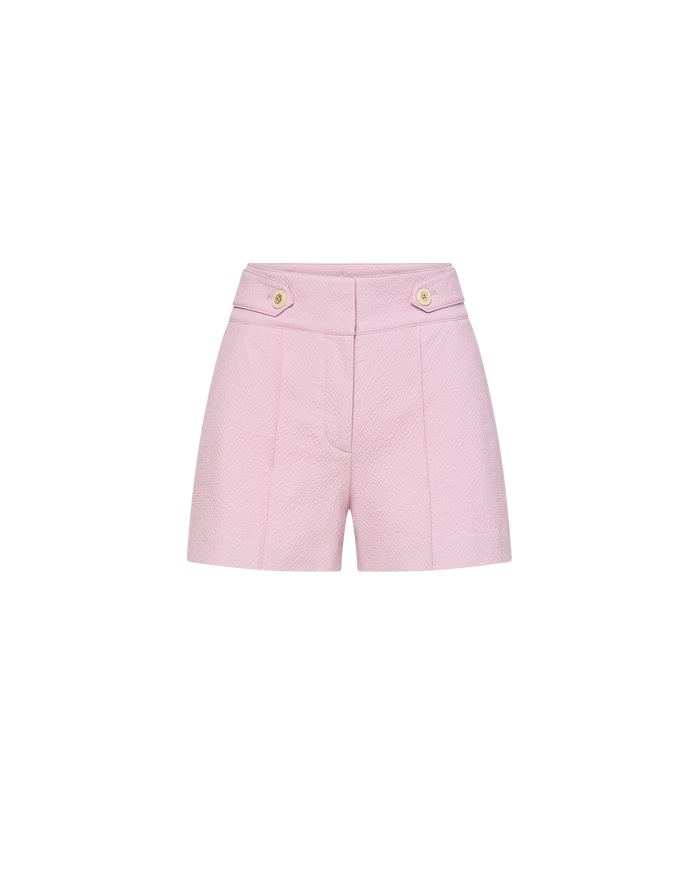 Veronica Beard Pink high-waisted shorts with gold button details.