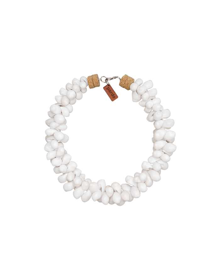 Veronica Beard White shell necklace with cork accents and a brown tag.