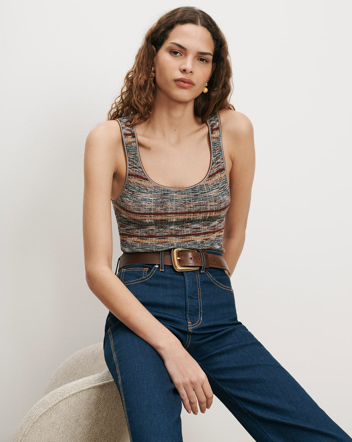 Veronica Beard Striped knit tank top and dark wash jeans.