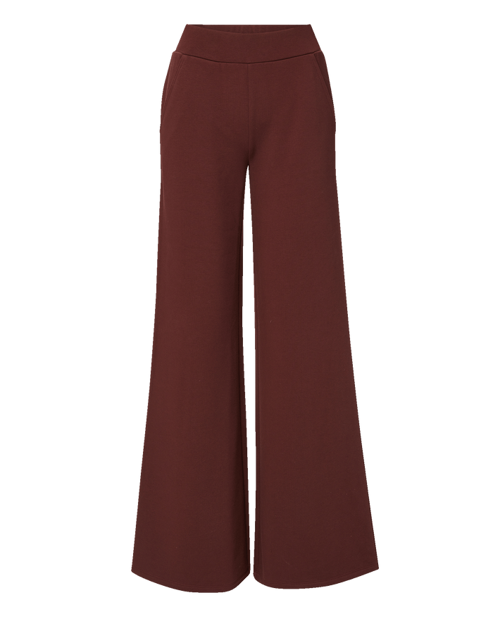 Veronica Beard Burgundy wide-leg knit trousers with elastic waistband.