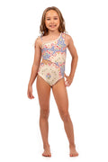 Girls' one-piece swimsuit in cream with blue and pink pattern detail print, asymmetric neckline, cutout waist, and ruffled shoulder straps