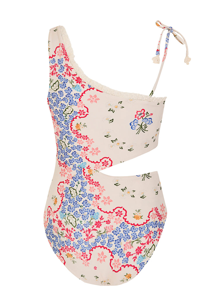 Savana one-piece swimsuit in cream with multicolor pattern detail print, asymmetric neckline, cutout waist, and tie shoulder strap